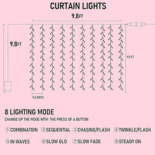 Dazzle Bright 300 LED Curtain String Lights, Valentine's Day Fairy Lights for Bedroom with 8 Lighting Modes, Connectable Waterproof Window Lights Party Wedding Garden Wall Christmas Decor, Pink