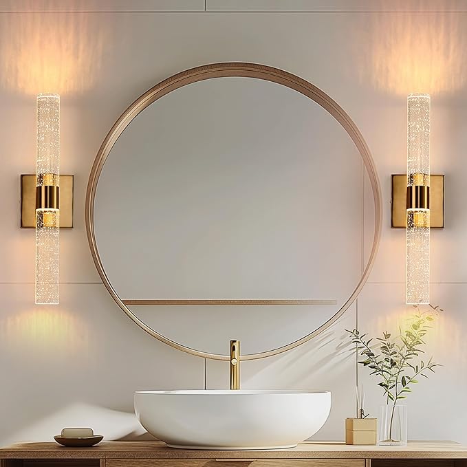 DORESshop Modern Wall Sconces Set of Two, 3CCT Crystal Bathroom Sconces Wall Light, Gold Vanity Light Fixture, Sconce Wall Decor Set of 2, Wall Lights for Bedroom, Living Room, Hallway 18in