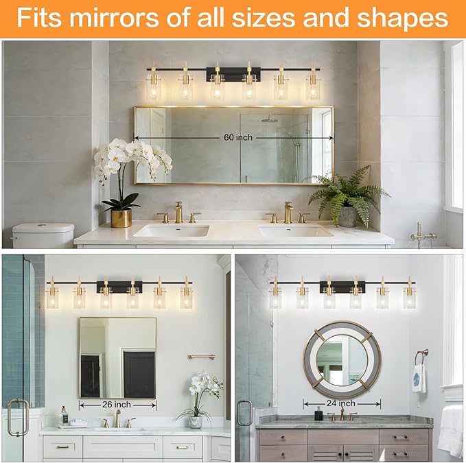 SOLFART 49.2 inch Vanity Light fixtures Vintage 6 Lights Wall Light Fixtures Above Mirror for Bathroom Brass and Black with Clear Glass Shade (Exclude Bulb)