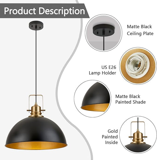 Farmhouse Pendant Light, 17.5" Matte Black Pendant Light Kitchen Island with Adjustable Cord, Vintage Dome Hanging Lights for Dining Room Cafe Bar Hallway Worktops, L, 2 Pack