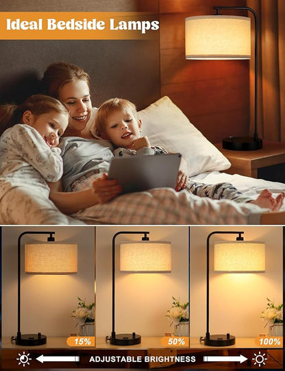 Innqoo Tall Table Lamp with USB Port and Outlet, Dimmable Nightstand Bedside Lamps with Linen Lampshade, Desk Lamp for Bedroom, Living Room, Guest Room, Home Office, LED Bulb Included