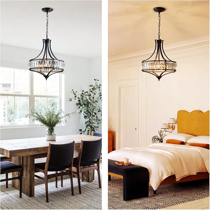 Crystal Chandeliers for Dining Room, Modern Black Crystal Chandelier Light Fixture, Round Rustic Farmhouse Hanging Light for Living Room Kitchen Hallway Bedroom Foyer, 15.7 Inch, 4-Light