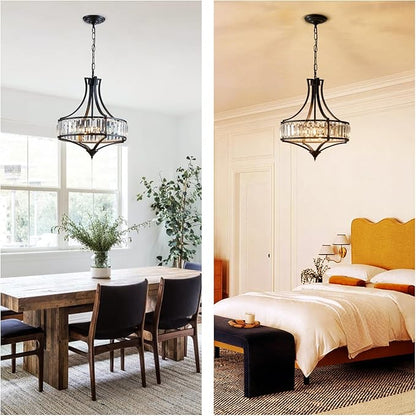 Crystal Chandeliers for Dining Room, Modern Black Crystal Chandelier Light Fixture, Round Rustic Farmhouse Hanging Light for Living Room Kitchen Hallway Bedroom Foyer, 15.7 Inch, 4-Light