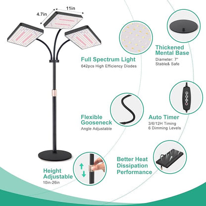 LBW Upgraded Desk Grow Lights for Indoor Plants, Tri-Head 642 LEDs Tabletop Full Spectrum Grow Light, with 3/6/12H Timer, 6 Brightness Levels, 3 Lighting Modes, Height Adjustable for 10-26 inches