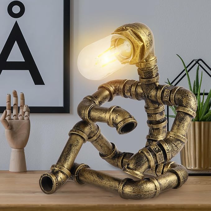 Steampunk Decor Table Lamp for Men Unique Creative Robot Style Desk Lamp,Vintage Industrial Metal Pipe Water Pipe Light, Home Decor Ideal for Bedrooms,Study. (Bronze A)