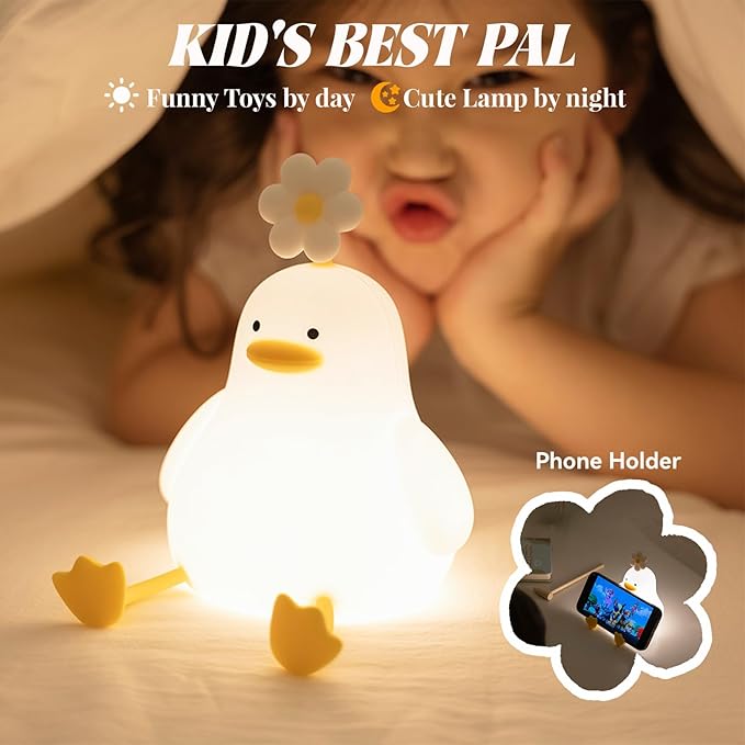 AVEKI Duck Night Light - Cute Duck Lamp Gifts for Baby and Kids - Rechargeable Nursery Night Lights with 3 Brightness Level, Touch Control, Soft Silicone Material, 30 Minutes Timer