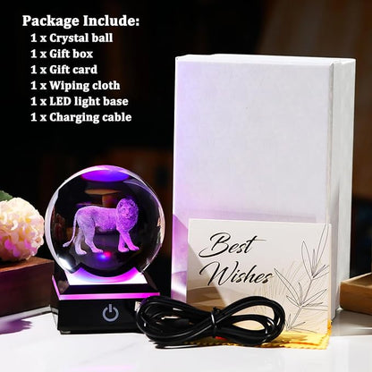 Arikyrist 3D Lion Figurine Crystal Ball with LED Base Laser Lion Gifts for Men Women on Christmas Birthday Decorative Lion Statue Ball Glass Animals Globe Night Light for Home Decor (80mm)
