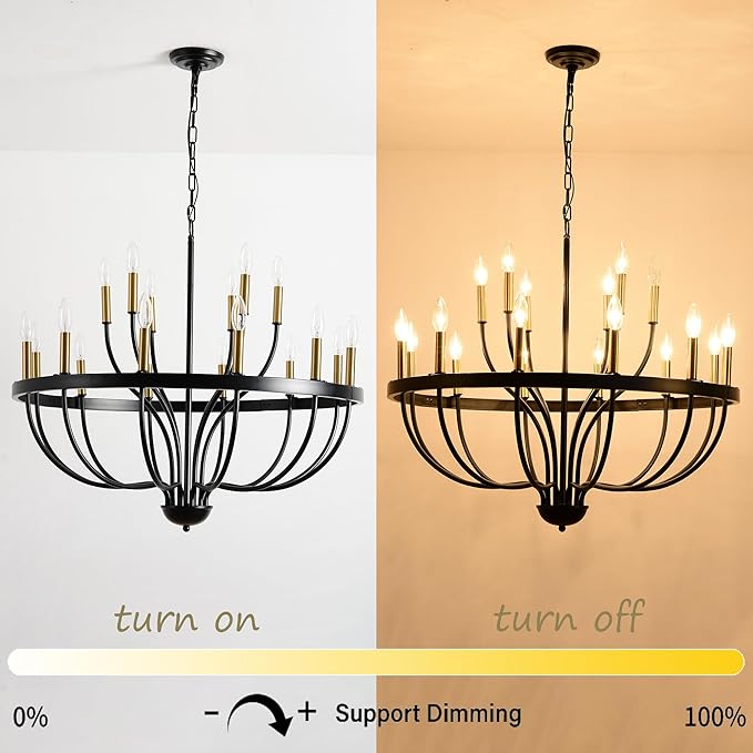 Modern Farmhouse Chandelier for Dining Room 18 Lights,Black and Gold Chandelier Light Fixture,Adjustable Height Hanging Candle Pendant Lighting for Kitchen Island (Black&Gold 18-Lights)