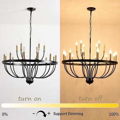 Modern Farmhouse Chandelier for Dining Room 18 Lights,Black and Gold Chandelier Light Fixture,Adjustable Height Hanging Candle Pendant Lighting for Kitchen Island (Black&Gold 18-Lights)