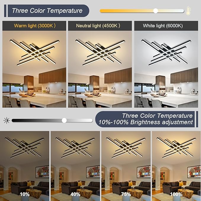43" Black Modern LED Ceiling Light with Remote 3000K/4500K/6000K Close to Ceiling Lights Creative Design Ceiling Lamp for Bedroom Living Room Kitchen Hallway Dining Room(96W, 6 Lights)