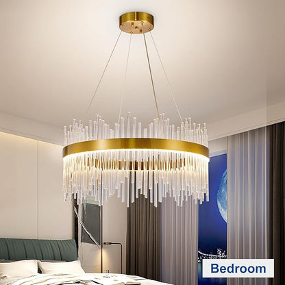 Depuley 23.6" Modern Crystal Chandeliers: Dimmable LED Gold Chandeliers Light Fixture with Remote Control - 3 Colors Contemporary Pendant Ceiling Light for Dining Living Room Kitchen Island Foyer