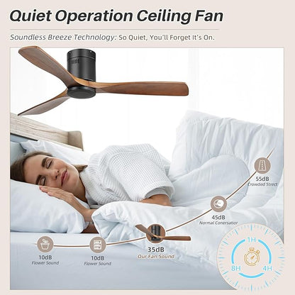 CACI Mall 52 Inch Solid Wood Ceiling Fan without Light, Flush Mount, 3 Blade, Low Profile, Modern, Outdoor/Indoor Ceiling Fans No Light for Bedroom/Farmhouse/Patio