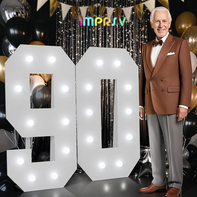 Imprsv Marquee Numbers 90th-Birthday Decorations: Large 4ft Light up Number Balloon for Party Big 90 Year Old Women Men Birthday Decoration Anniversary Foam Board Wall Number 90