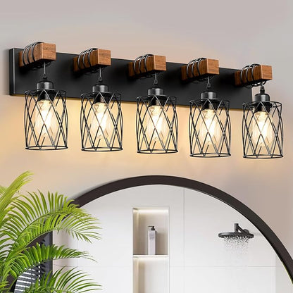 IZORRO Farmhouse Bathroom Vanity Light, 5-Light Wood Bathroom Light Fixtures Over Mirror, Black Industrial Vanity Lights with Metal Shade, Rustic Restroom Lighting Fixtures