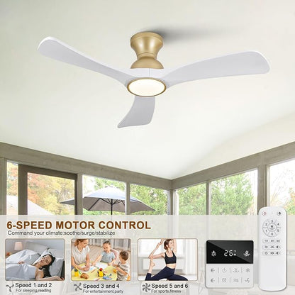 White Gold Ceiling Fans with Lights Flush Mount,42 inch Solid Wood,Remote Control,Wall Switch,Dimmable,Reversible,Power Off Memory Modern Ceiling Fan Indoor/Outdoor for Bedroom Patios