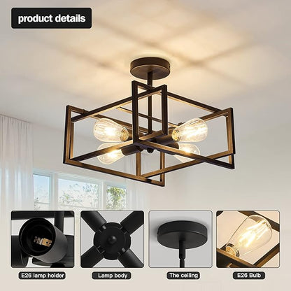 ZGLAOJT 4-Lights Close to Ceiling Light，Black Light Fixture Industrial Flush Mount Ceiling Light ，Farmhouse Chandelier Lighting for Kitchen Island Dining Room Bedroom Foyer Hallway