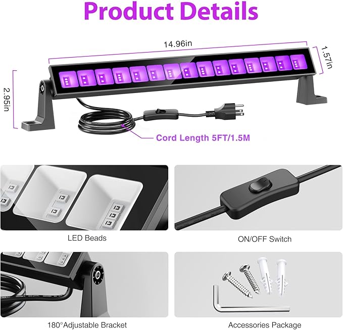 45W LED Black Light Bar,Black Lights for Glow Party,Waterproof Blacklight with Plug & Switch, Halloween Light for Glow in The Dark Party Supplies,Bedroom,Body Paint,Stage Lighting,2 Pack