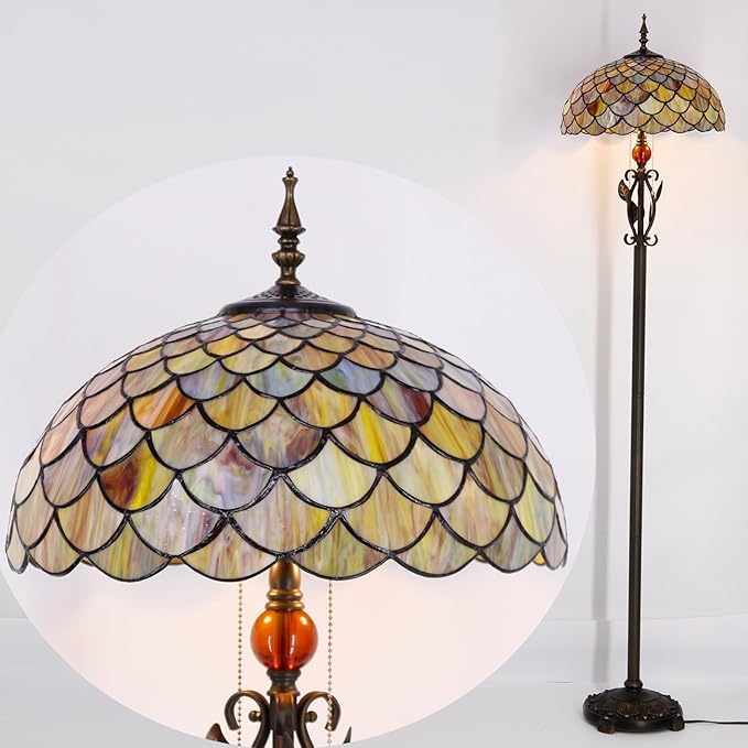 Tiffany Floor Lamp Stained Glass Standing Reading Lamp 16x16x70 Inches Antique Pole Corner Light for Bedroom Living Room (Fish Scales Style)