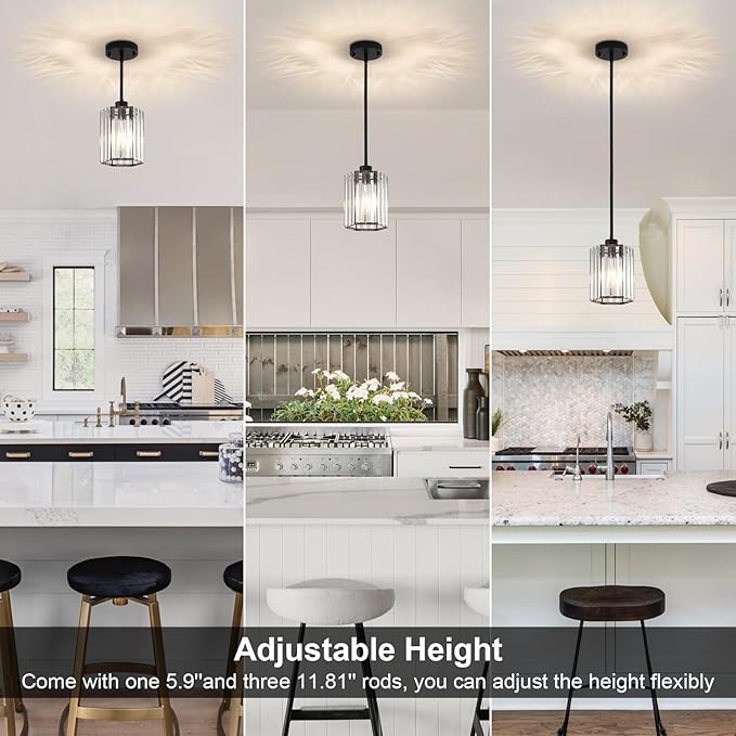 Crystal Pendant Lights Kitchen Island, 2 Pack Modern Black Kitchen Pendant Light Fixtures, Small Hexagonal Crystal Hanging Lights for Kitchen Island, Dining Room, Hallway, Foyer, Entryways