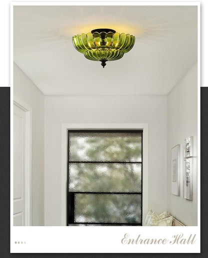 ANYLOVE Modern 12Inch Green Flower Glass Semi Flush Mount Ceiling Light, 3 Light for Living Room Bedroom Hallway Entryway Foyer