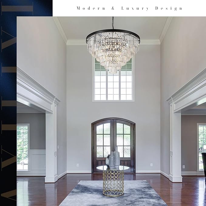A AXILIXI 35'' Large Crystal Chandeliers 6-Tier Modern Black K9 Crystal Ceiling Pendant Light 22-Light Luxury Round Crystal Chandelier for High Ceiling Entryway Staircase Living Room Foyer