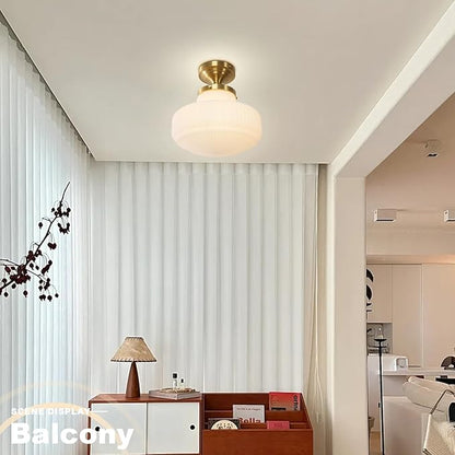 White Glass Semi Flush Mount Ceiling Light, Mid Century Modern Gold Ceiling Lamp Farmhouse Close to Ceiling Light Fixture for Bedroom Kitchen Entryway Hallway