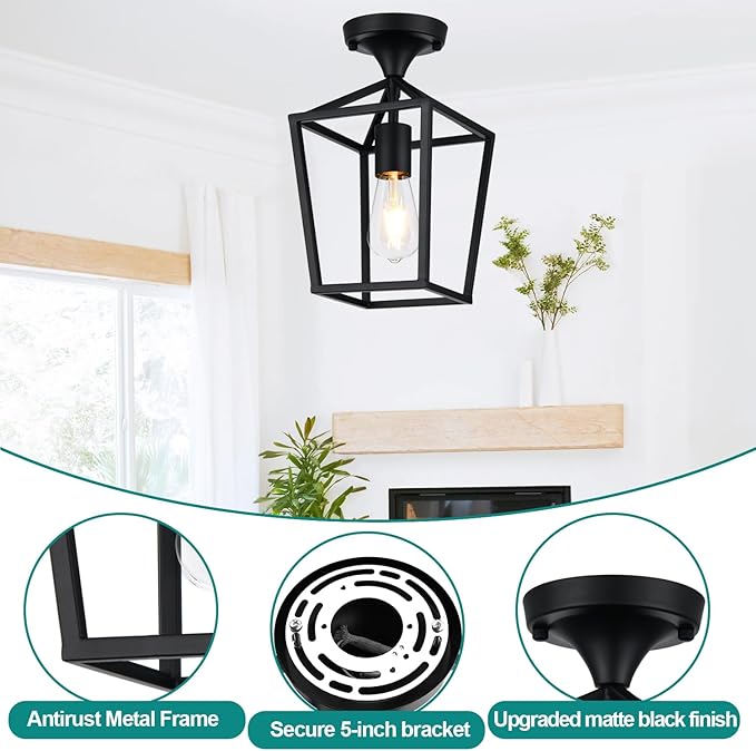 Lynnoland 6.7" x 13.8" Semi Flush Mount Ceiling Light, Black Industrial Ceiling Light Fixtures, Farmhouse Light Fixture for Hallways, Foyers and Kitchens.(Not Waterproof, Not for Outdoor