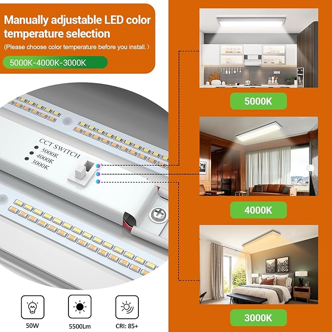 FAITHSAIL Dimmable 4FT LED Wraparound Light, Selectable 3 Color Temperature 3000K/4000K/5000K CCT 50W 5500LM 4 Foot Kitchen LED Light Fixture, Flush Mount 48 Inch Ceiling Lighting Fixture, 4 Pack