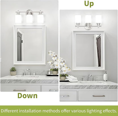 3-Light Bathroom Vanity Light Fixtures, Brushed Nickel Bathroom Wall Sconce, Modern Vanity Light with Milky White Glass Shade Over Mirror, Bathroom, Bedroom, E26 Base, 17 Inch