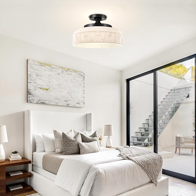 Lamomo Semi Flush Mount Ceiling Light,12 Inch White Glass Shade Black Hallway Light Fixture,3 Light Globe Glass Close to Ceiling Scone,Indoor Hanging Light for Bedroom Kitchen Porch Hallway