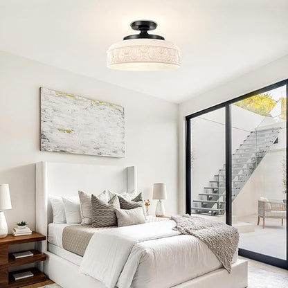 Lamomo Semi Flush Mount Ceiling Light,12 Inch White Glass Shade Black Hallway Light Fixture,3 Light Globe Glass Close to Ceiling Scone,Indoor Hanging Light for Bedroom Kitchen Porch Hallway