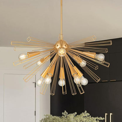 Modern 33'' Gold Sputnik Chandelier, 10-Light Mid Century Brushed Brass Starburst Chandelier Light Fixture, Large Pendant Lighting for Kitchen Dining Room Bedroom Foyer Sloped Ceiling Compatible