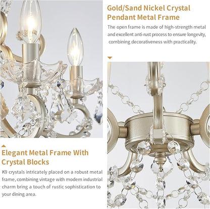 Crystal Chandelier, 5-Light Modern Chandelier for Dining Room Light Fixture, Nickel Finish Pendant Ceiling Light Fixture, Modern Candle Chandelier for Living Room Kitchen Island Entryway Bedroom