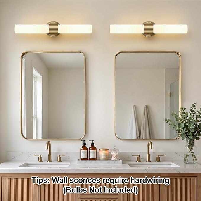 Wall Sconces Set of Two, Modern Bathroom Sconces Wall Lighting with & Milky White Glass, Brass Sconces Wall Decor Set of 2 for Bathroom Mirror Bedroom Living Room Hallway