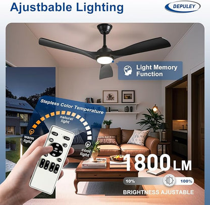 Depuley 52-Inch Ceiling Fan with Light: Black 3 Blade Outdoor Fans for Patios - Dimmable Indoor Fan with Remote Control Living Room Fandelier Ceiling Fans Ultra Quiet DC Motor Reversible 6 Speed Timer