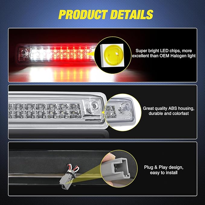 Nilight Third Brake Light Tail High Mount 3rd Stop Lights Clear Lens Compatible with Chevy Colorado and GMC Canyon 2015 2016 2017 2018 Van SUV Rear Center Cab Lamp