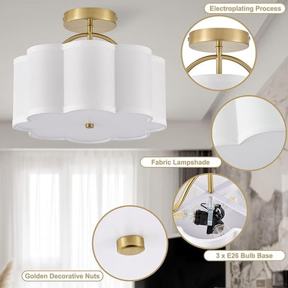 13.5" Gold Semi Flush Mount Ceiling Light Fixture for Bedroom,3-Light Modern Flower-Shape Close to Ceiling Light with Fabric Shade for Bedroom Hallway Nursery Living Room (White)