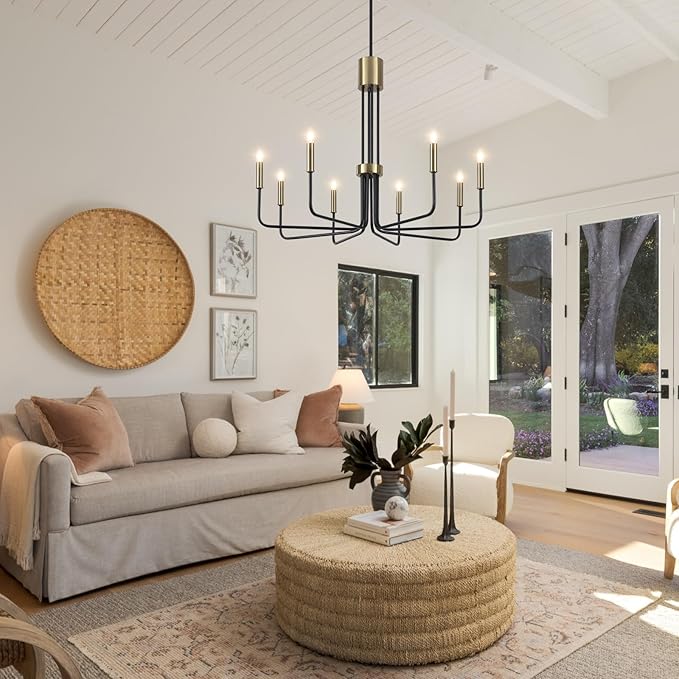 Black and Gold Chandelier, 8 Light Modern Chandeliers for Dining Room Light Fixture, Farmhouse Chandelier for Living Room, Bedroom, Kitchen, Entryway, Foyer