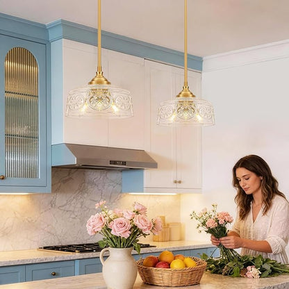 Vintage 3-Light Pendant Light With Embossed Glass Shade, Farmhouse Brushed Gold Pendant Lights Kitchen Island, 2-in-1 Adjustable Hanging & Semi-Flush Mount for Bathroom,Dining Room,Bedroom,Hallway,E12