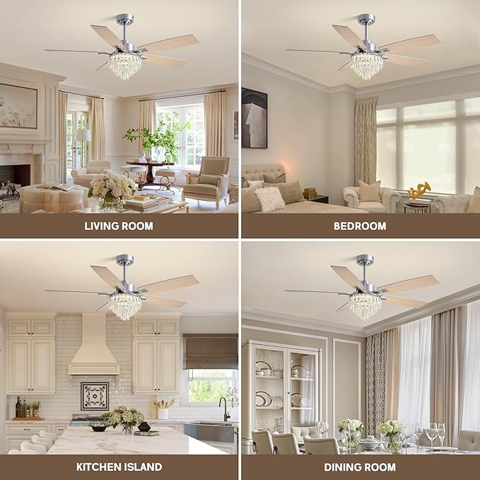 LUDOMIDE Chandelier Ceiling Fan, 52 Inch Crystal Ceiling Fan with Light, 3CCT, 6-Speed, 5-Blade Noiseless Reversible DC Motor, Remote Control, Modern Indoor Fandelier for Living Room