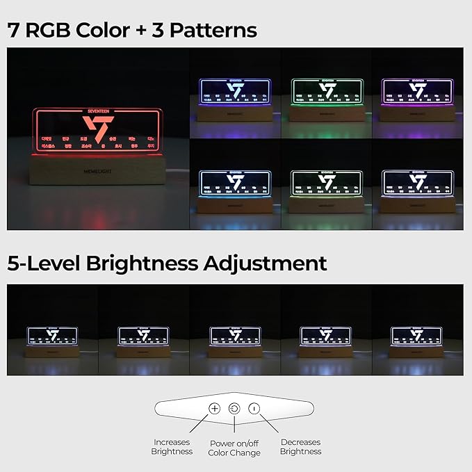 Seven.Teen Night Light, Kpop Merchandise, Korean Idol Lamp for Carat, 7RGB Color, Dimmer, 8.3 x 4.2 x 1.7