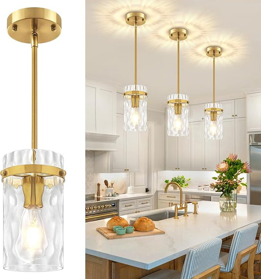 Brushed Gold Pendant Lights Kitchen Island 1 Pack Modern Hammered Glass Pendant Lighting Over Island Adjustable Kitchen Hanging Light Fixtures Mini Pendant Light for Bathroom Dining Room Hallway Foyer