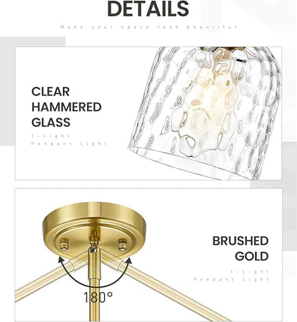 zeyu Vintage Glass Hanging Lights 2 Pack, Kitchen Pendant Lights, Ceiling Hanging Light Fixtures with Clear Hammered Glass, Brushed Gold Finish, ZJF63MIL-L-2PK BG