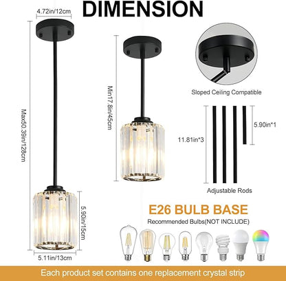 3 Pack Crystal Pendant Lights Kitchen Island, Adjustable Hight Modern Black Mini Chandelier, Ceiling Hanging Light Fixtures, Lamparas Colgantes for Kitchen Hallway Dining Room Bedroom