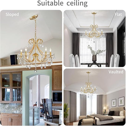 WUZUPS Crystal 5-Light Candle Chandelier Pendant Flushmount Ceiling Light Modern Lighting Fixture for Bedroom Hallway Bar Kitchen Bathroom, H 20.9" x W 21.7", Gold, E12 Base