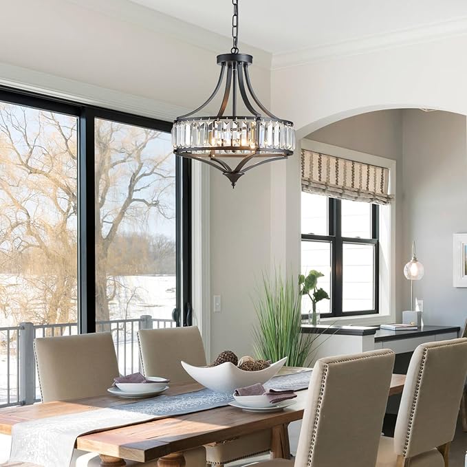 Black Crystal Chandeliers for Dining Room, Round Rustic Farmhouse Chandelier with Metal Shade 4-Light Modern Pendant Lighting for Hallway, Bedroom, Foyer