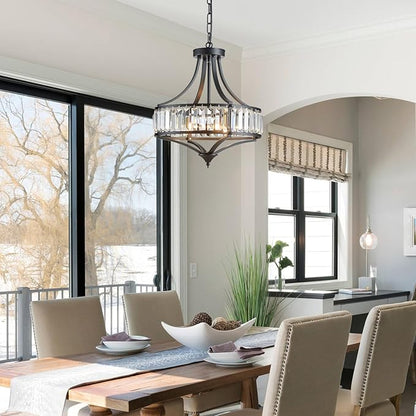 Black Crystal Chandeliers for Dining Room, Round Rustic Farmhouse Chandelier with Metal Shade 4-Light Modern Pendant Lighting for Hallway, Bedroom, Foyer