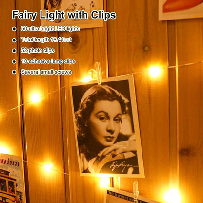 HXWEIYE 50LEDs Photo String Light, Warm White 16.4Ft Battery Powered Fairy Light with 52 Clear Clips & 10 Hooks on Wall for Hanging Picture Dorm Bedroom Party