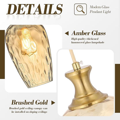 Glass Pendant Lights Kitchen Island 2 Pack, Gold Vintage Pendant Light Fixtures with Hand-Blown Hammered Amber Glass, Farmhouse Modern Brass Hanging Light for Kitchen Sink Dining Room Bedroom