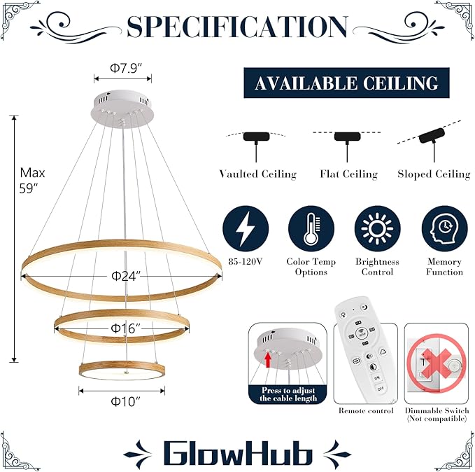 3-Ring LED Chandelier 24" Circular Pendant Light with Wood Grain Finish Dimmable Round Hanging Light Modern Farmhouse Chandeliers for Dining Room Foyer Office Adjustable 3000-6500K with Remote